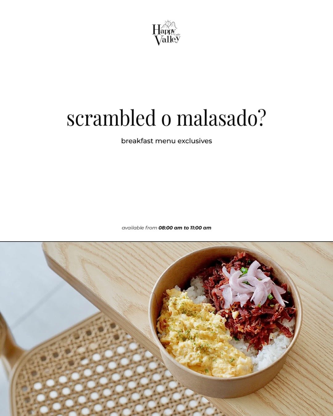 Breakfast corned beef bowl with scrambled eggs and pickled onions on rice