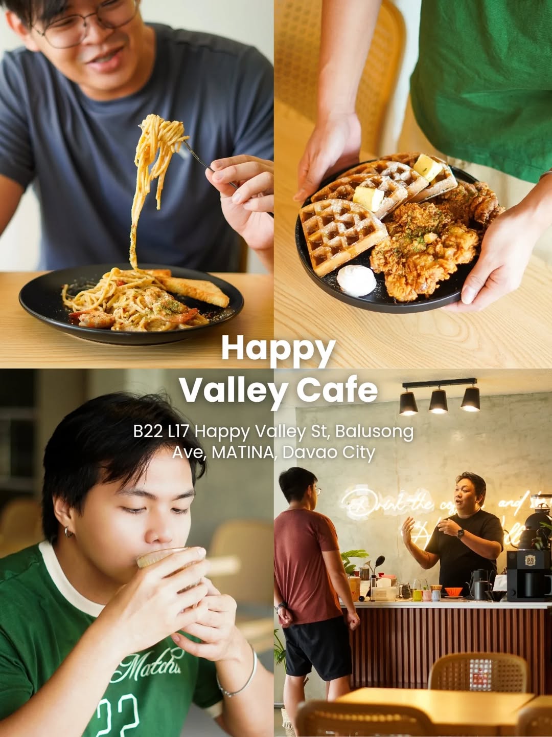 Collage of Happy Valley Café scenes — pasta dish, waffle plate, guest enjoying coffee, barista at the counter